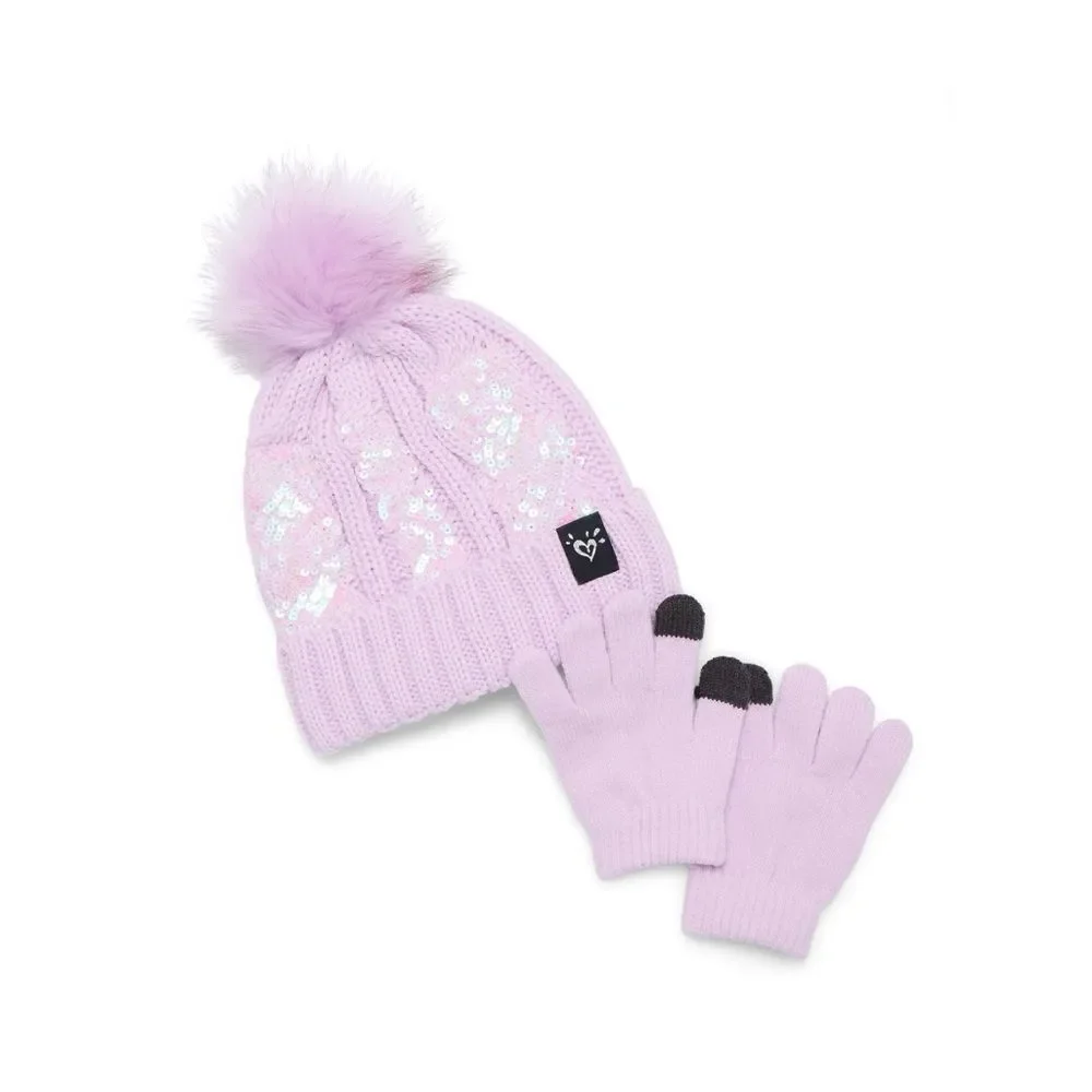 Girls Justice Sequin Cable Knit Hat and Gloves Set Pink 2-Pack